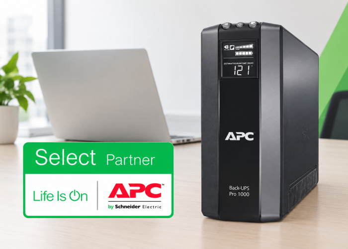 ups apc en oficina moderna con sello verde
